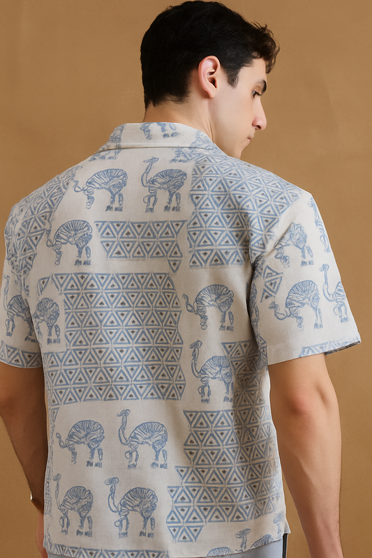 DENNISON Men Off White and Blue Hand Block Printed Shirt