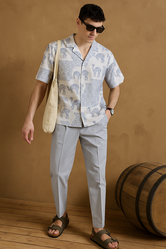 DENNISON Men Off White and Blue Hand Block Printed Shirt